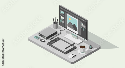 Illustration of a graphic designer's desk featuring a computer, graphic tablet, mouse, hard drive, pencil holder and coffee mug; great for design, illustration and creative concepts.
