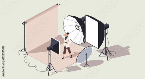 Stylish woman poses confidently in a photography studio amidst softbox lights, umbrellas, and backdrop, creating a modern and elegant scene ideal for fashion or business related concepts.