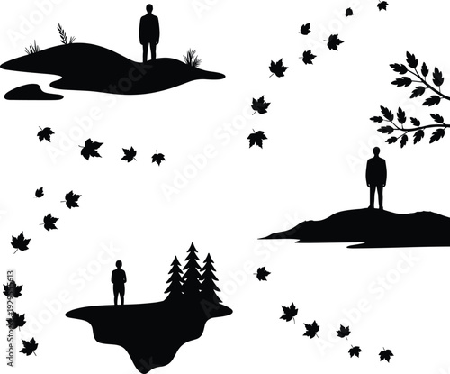 Black and white silhouette illustration of solitary figures standing on landmasses with trees, leaves, and seasonal motion, artistic nature solitude and autumn concept design