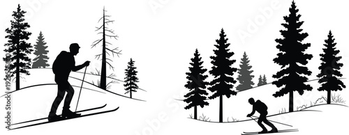Silhouette illustration of skiers ascending and descending snowy slopes with trees, winter outdoor sports concept, vector art for lifestyle, nature, adventure, and recreation themes