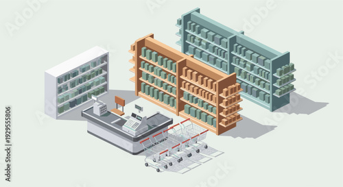 Isometric illustration of a supermarket interior featuring shelves, a checkout counter, and shopping carts in a light, neutral color scheme suitable for a minimalist, modern design.