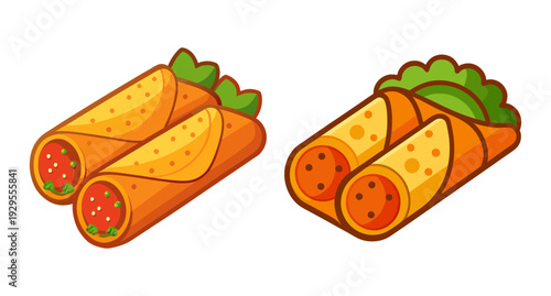 Crispy golden cartoon spring rolls or burritos with fresh vegetable filling