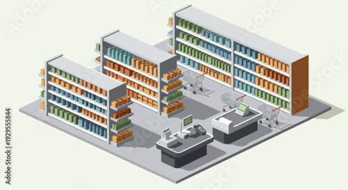 Isometric illustration showcases a supermarket aisle with shelves stocked with various products, along with shopping carts and checkout counters, providing a clean and modern visual.