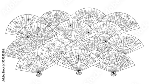 set of hand drawn floral folding fans with intricate line art patterns collection