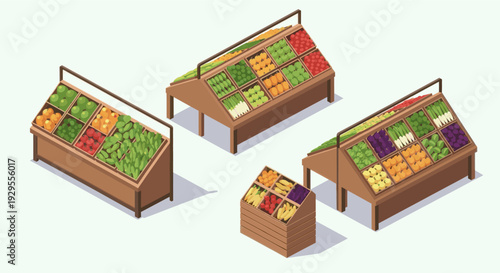 Isometric illustration of vegetable and fruit stands with various fresh produce, set against a clean backdrop, ideal for depicting healthy eating and grocery themes.
