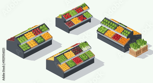 Isometric illustration showcases colorful fresh fruits and vegetables in dark gray display stands, ideal for grocery store or healthy eating concept.