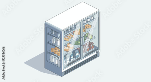 Isometric cartoon illustration of a white refrigerator display case stocked with various cheeses, milk, and other dairy products against a bright background, ideal for illustrating food retail.