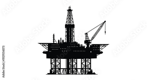 A stark black silhouette of an offshore oil rig complete with a derrick and supporting structures silhouette high quality