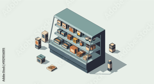 Isometric illustration of a pastry display case, filled with a variety of baked goods, desserts and treats, suitable for bakery, cafe, or food business themes.