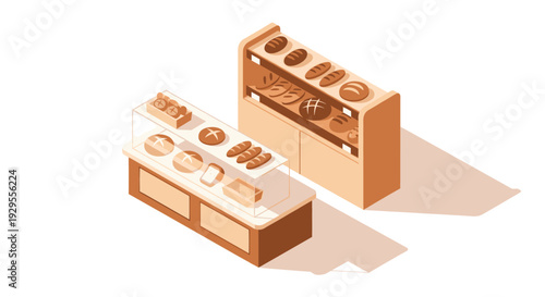 This isometric illustration showcases various loaves of bread in a shop display, featuring different shapes and crusts in an inviting beige color palette suitable for culinary design.