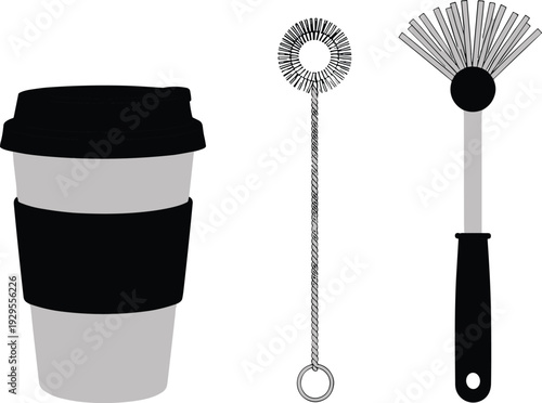 Reusable coffee cup with lid and sleeve, wire whisk, and dish brush kitchen tools in black silhouette vector illustration, sustainable household cleaning and beverage preparation accessories