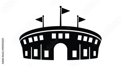 A stark black silhouette of a stadium with multiple flags waving atop its structure representing sporting events silhouette