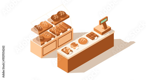 Isometric vector illustration of a bakery display case filled with loaves of bread, alongside a counter with more baked goods and a register, perfect for illustrating food retail.