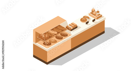 Isometric vector illustration of a bakery display case with assorted breads and pastries, ideal for food related designs or cafe promotions.