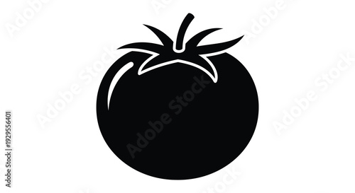 A striking black graphic depicts a single tomato showcasing its form in a minimalist silhouette high quality professional detailed