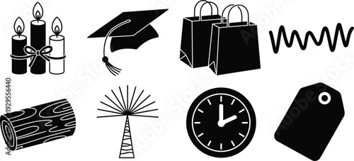 Eight black and white icons including candles graduation cap shopping bags and a windmill Keywords: candles, graduation cap