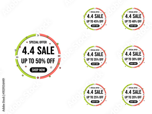 Collection of 4.4 sale promotional stickers with varying discounts on a clean white background