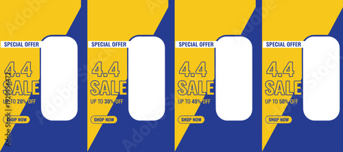 Four promotional sale banners with 4.4 sale text on a blue and yellow background with lightning bolt shapes