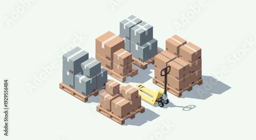 Isometric illustration featuring stacked cardboard boxes on wooden pallets with a yellow pallet jack, ideal for illustrating shipping, delivery, and warehouse logistics concepts.