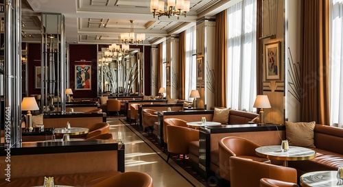 Interior view of a luxurious lounge with brown leather seating and decorative lighting fixtures abound