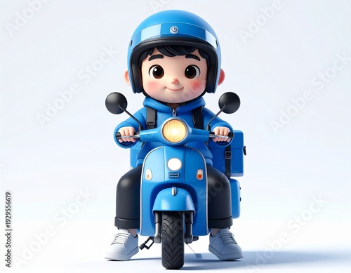3D Render of a Cute Chibi Delivery Boy Riding a Blue Scooter Carrying a Parcel Box, Front View