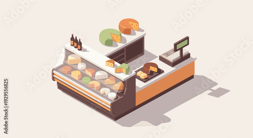 Isometric illustration of a cheese display case with various cheeses, bottles, and cash register, rendered in a clean, minimalist style perfect for infographics and marketing.