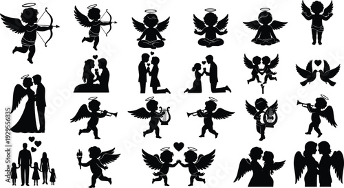 Romantic and angelic silhouette illustration set featuring cherubs, couples embracing, dancing, kissing, family scenes, hearts, and musical angels for love, Valentine’s Day, and decorative themes