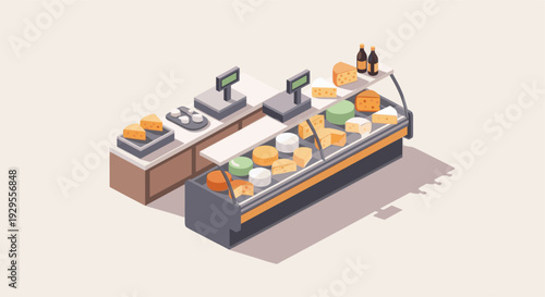 Isometric illustration depicting a cheese display case at a deli counter, showcasing various cheeses, bottles and a point of sale system, in a clean, minimalist style.