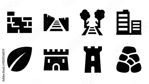 set of black silhouette building and nature icons including brick wall castle tower leaf and stone pile in simple style