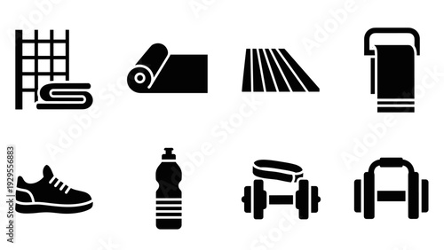 set of hand drawn gym equipment icons including yoga mat towel sneaker water bottle dumbbell and gym bag
