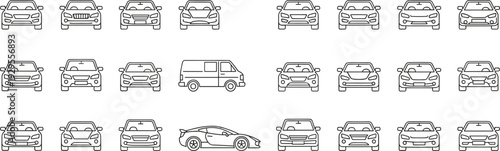 Car front view outline icon set modern sedan SUV van and sports car line vector collection