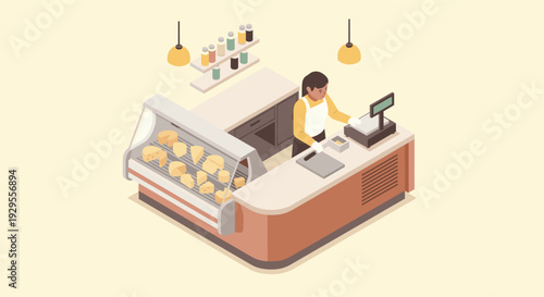 Isometric illustration of a woman in a deli selling cheese, with various cheese types displayed in a glass case and jars displayed on shelves, conveying a modern retail environment.