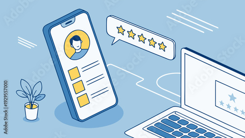 Businessman checking customer feedback and five star satisfaction ratings online.