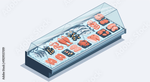 Isometric illustration of fresh seafood including salmon, shrimp, crab, tuna, and mussels displayed on ice in a refrigerated display case at a fish market.