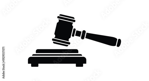 A stark black silhouette of a gavel resting upon a sound block symbolizing law and judicial proceedings silhouette