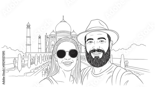 happy tourist couple taking selfie in front of taj mahal hand drawn line art illustration