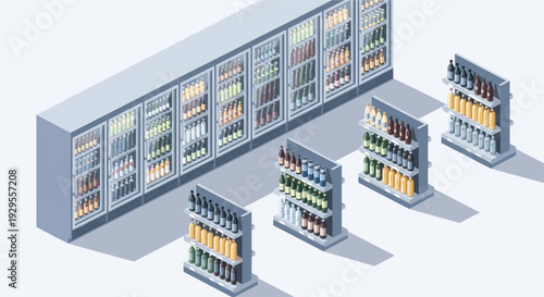Isometric illustration of drinks in supermarket refrigerators and shelves, showcasing various bottled beverages in a clean, modern style ideal for retail or food industry visuals.