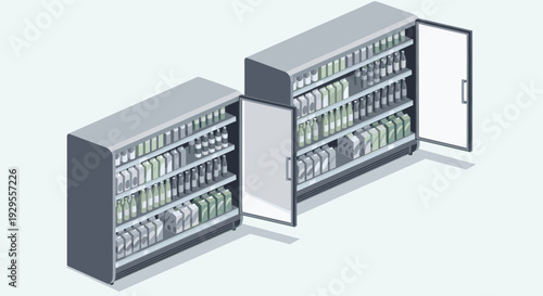 Isometric illustration of two open refrigerator display cases stocked with food products like milk, juice and drinks, with cool colors and a clean, minimalist style.
