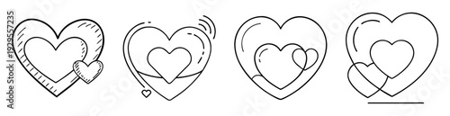 Various artistic illustrations of hearts within hearts in black and white