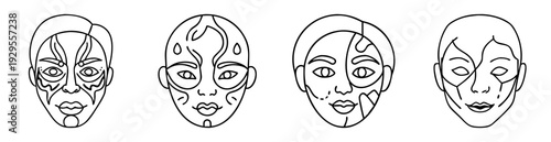 Four stylized faces with unique face paint designs in black and white
