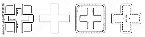 Black and white simple medical cross illustrations in various line styles
