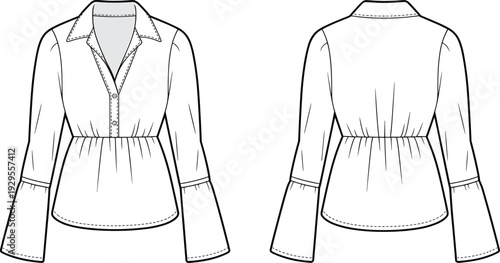 Women blouse front and back view technical drawing isolated on white background, fashion vector template