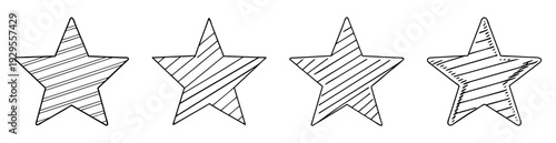 Doodle star collection with diagonal lines, simple hand drawn shapes