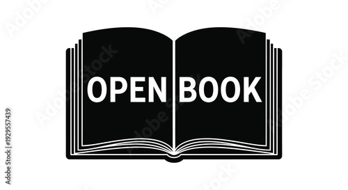 A striking black silhouette of an open book with the words open book boldly displayed within its pages silhouette