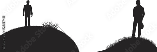 Silhouette of two people standing on separate grassy mounds with ladder between, symbolizing isolation, connection, perspective, and contrast in black and white minimal design