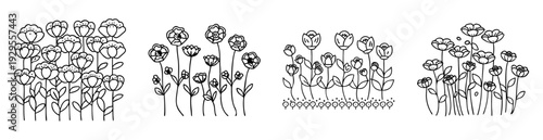 Black and white line art illustration featuring a variety of stylized flowers