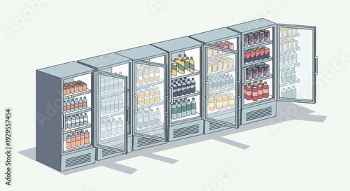 Illustration showcasing a store with refrigerated displays filled with colorful beverages, some with doors open, offering a refreshing and inviting shopping experience.