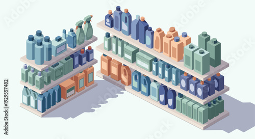 Isometric illustration of shelves stocked with cleaning, cosmetic, or food products in bottles and containers, representing variety, choice, and retail shopping in a grocery store or market.