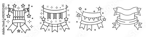 Four black and white line art party banner and streamers collection