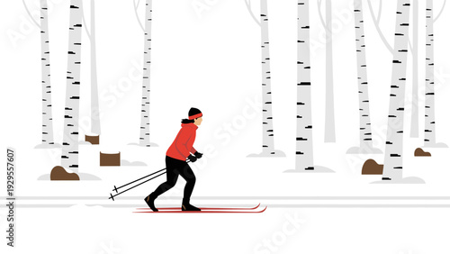 cross country skier in red jacket skiing through birch tree forest hand drawn winter sports illustration